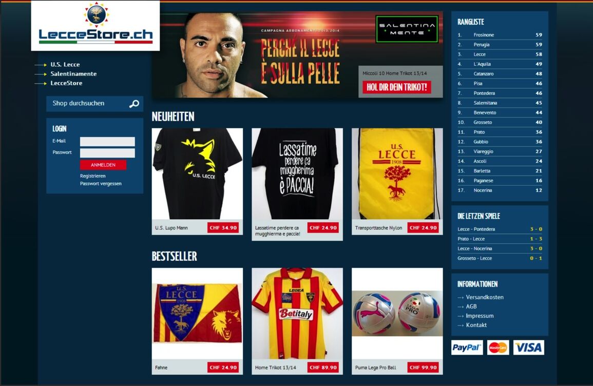 LecceStore.ch, Startseite der Saison 2013/14.